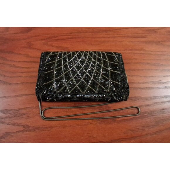 Vintage Evening Clutch Bag Chain Strap Formal Beaded Black and Silver - Picture 1 of 4